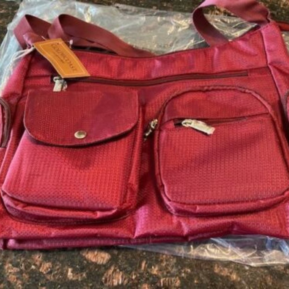 NWT multi-pocket BURGUNDY Shoulder Bag / small DUFFLE + JADE NECKLACE & earrings
